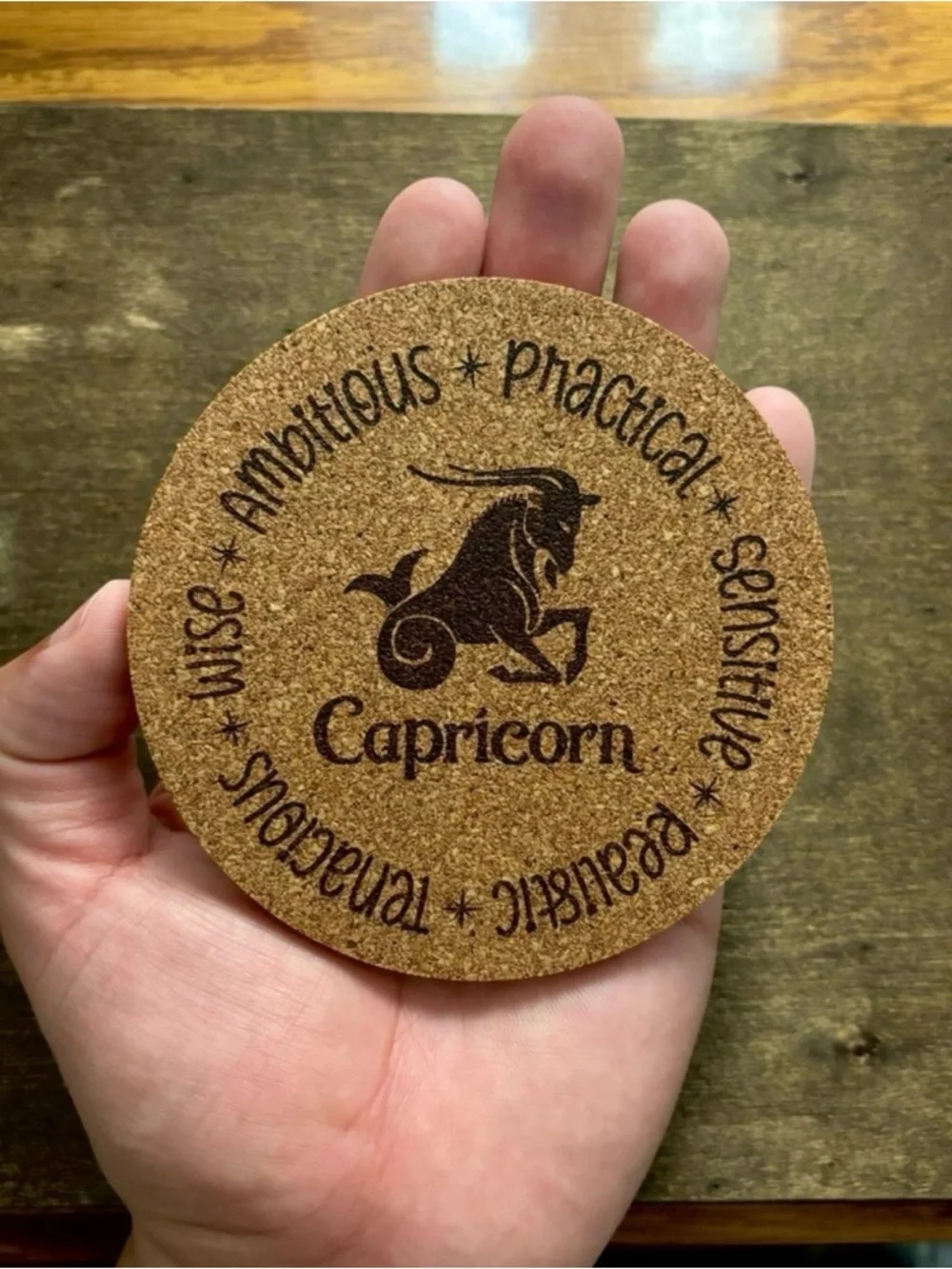 Capricorn Zodiac Sign Encircled Laser Engraved Cork Coaster